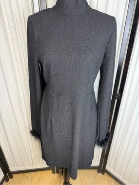 Shimmery Mock-Turtleneck Long-Sleeve Backless Dress with Faux-Fur Cuffs 1X